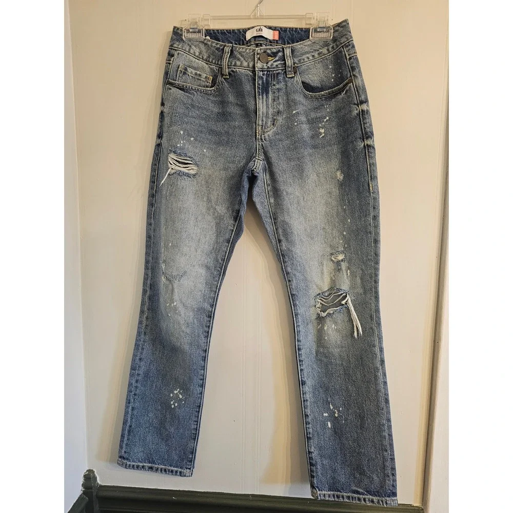 Cabi 100% BF Boyfriend Jeans Blue Distressed Paint Splatter Style 5884 Size 0